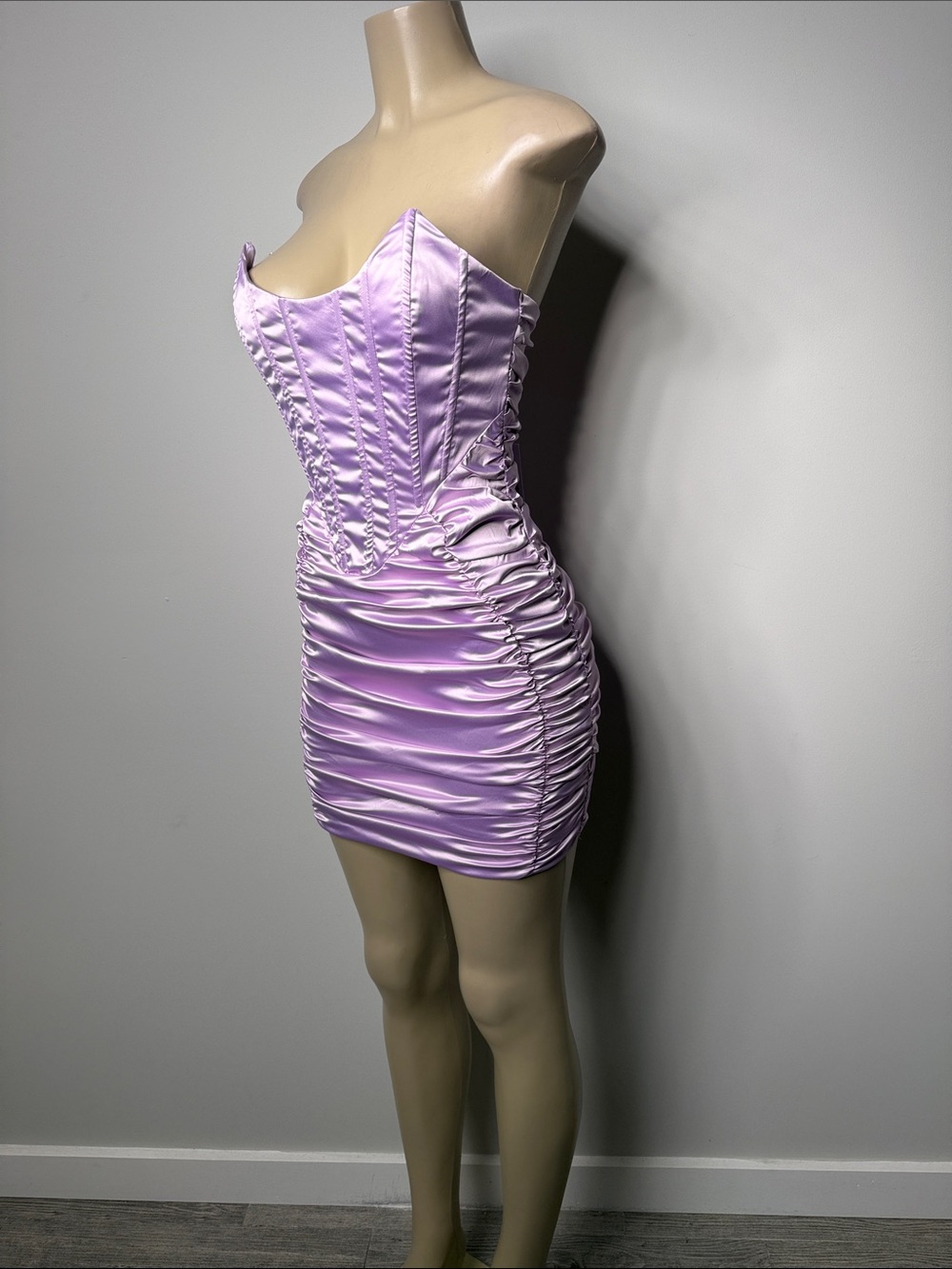Satin Ruched Corset Mini Dress in Lilac - Picture 5 of 9